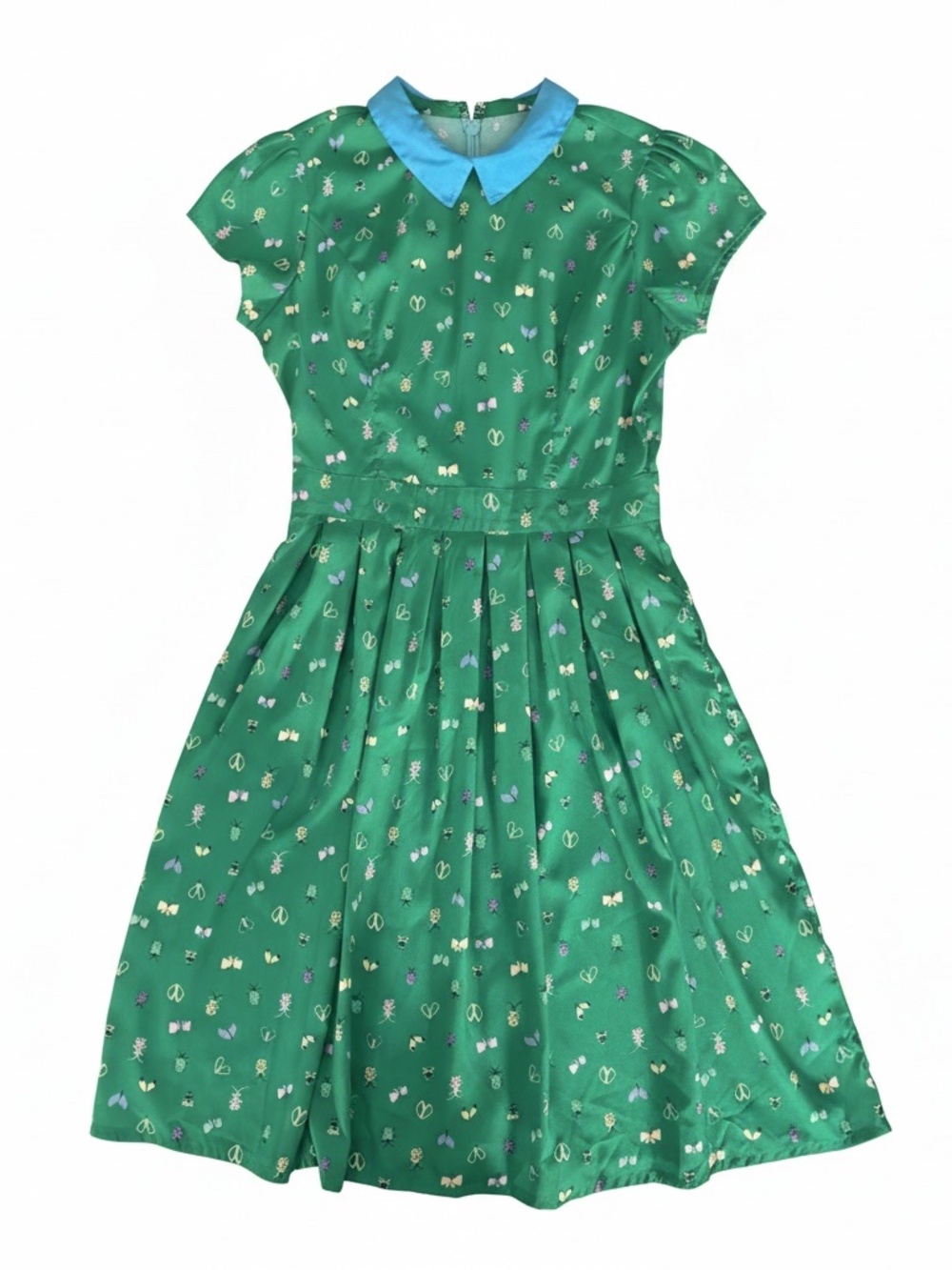 ModCloth Butterfly Beetle Dress Green Novelty Print Contrast Collar Fit Flare M